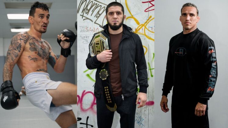 Max Holloway hitting pads, and Islam Makhachev and Charles Oliveira standing