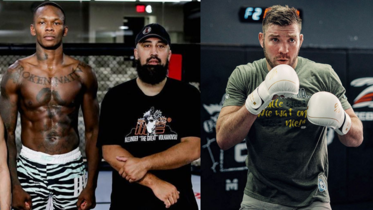 Israel Adesanya with coch Eugene Bareman and Dricus Du Plessis