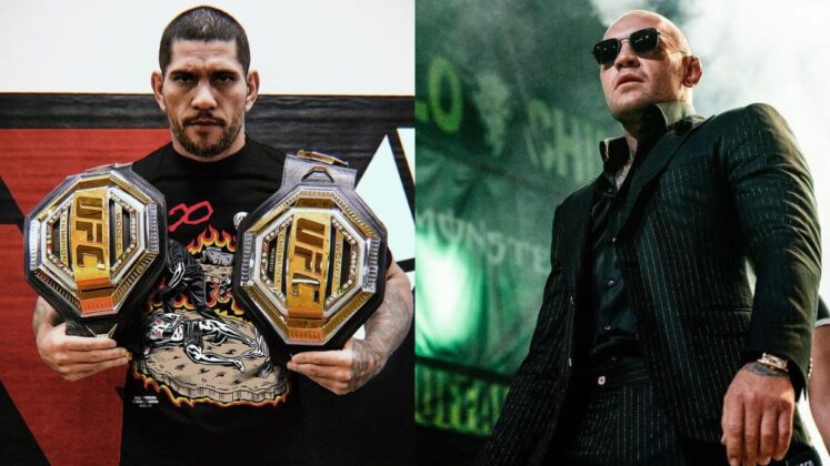 Alex Pereira holding Two UFC belts and Conor McGregor attending BKFC event