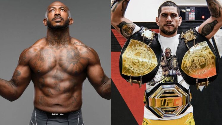 Alex Pereira holding his UFC and Glory belts and Khalil Rountree posing