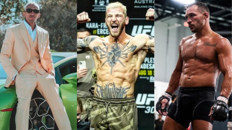 Charles Oliveira standing in front of his Lamorghini, Dan Hooker weighing in for UFC fight, and Michael Chandler during training