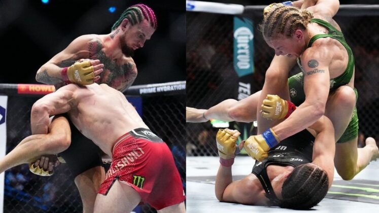Merab Dvalishvili taking down Sean O'Malley and Valentina Shevchenko on top of Alexa Grasso