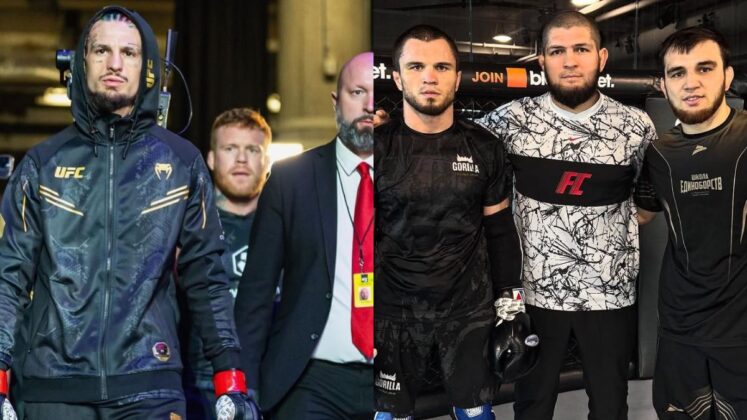 Sean O'Malley enterting Octagon with Tim Welch and Umar Nurmagomedov training with Khabib